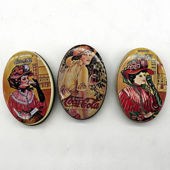 Vtg Coca Cola Sewing Tins Mini Oval Lot of 3 Tip Trays Hong Kong Import 1970s - Picture 1 of 5